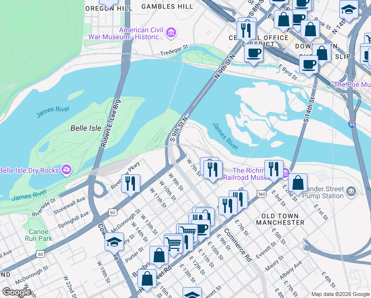 map of restaurants, bars, coffee shops, grocery stores, and more near 605 Semmes Avenue in Richmond