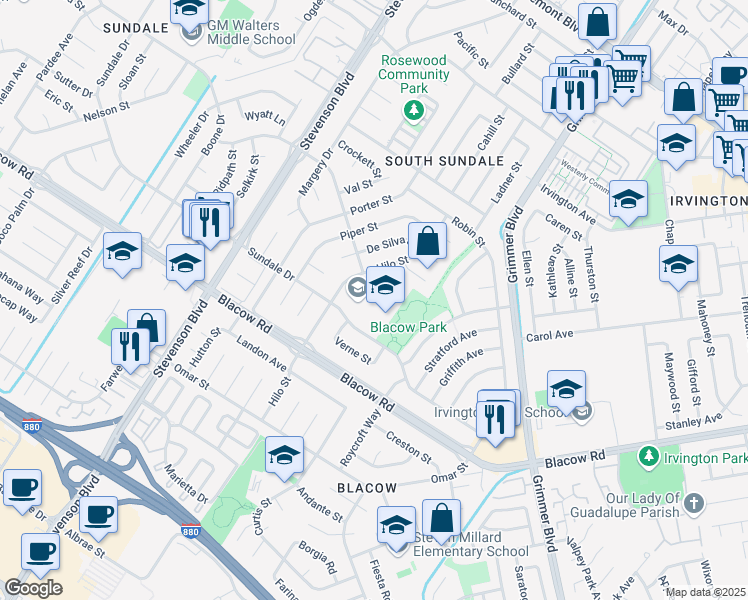 map of restaurants, bars, coffee shops, grocery stores, and more near 40404 Sundale Drive in Fremont
