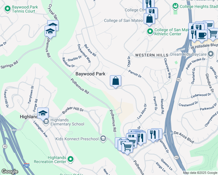 map of restaurants, bars, coffee shops, grocery stores, and more near 1548 Ascension Drive in San Mateo