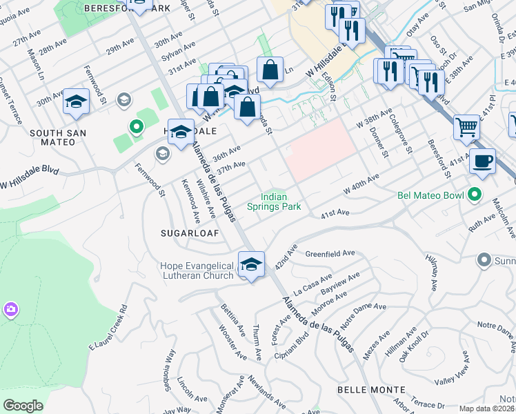 map of restaurants, bars, coffee shops, grocery stores, and more near 3909 Leona Street in San Mateo