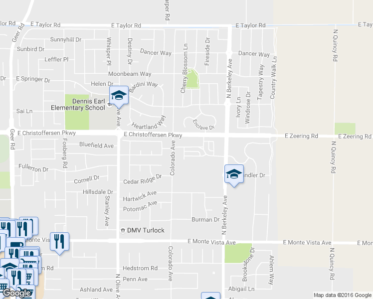 map of restaurants, bars, coffee shops, grocery stores, and more near 1280 Harvest Drive in Turlock