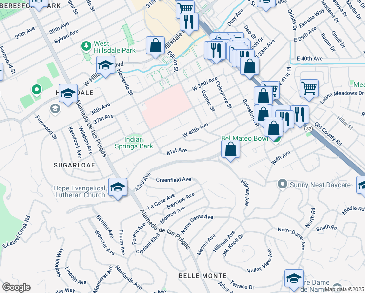 map of restaurants, bars, coffee shops, grocery stores, and more near 254 41st Avenue in San Mateo