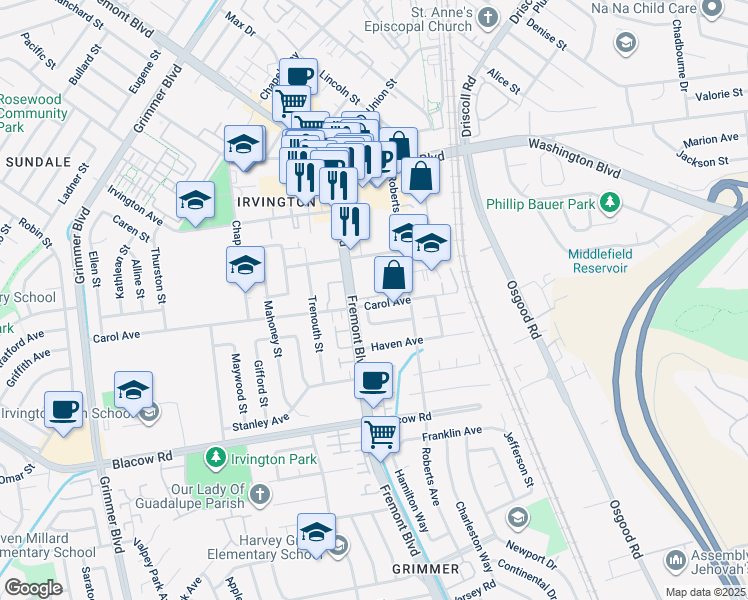 map of restaurants, bars, coffee shops, grocery stores, and more near 3918 Fossano Common in Fremont