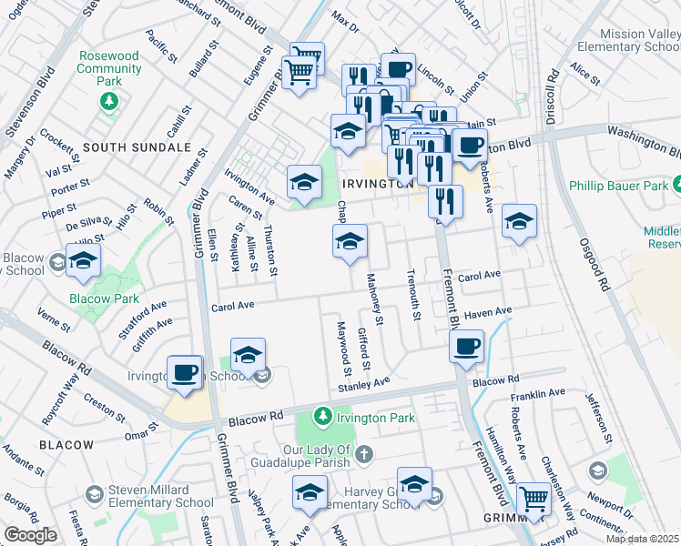 map of restaurants, bars, coffee shops, grocery stores, and more near 41399 Chapel Way in Fremont