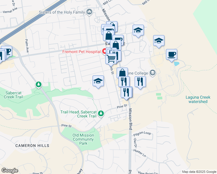 map of restaurants, bars, coffee shops, grocery stores, and more near 43572 Bryant Street in Fremont