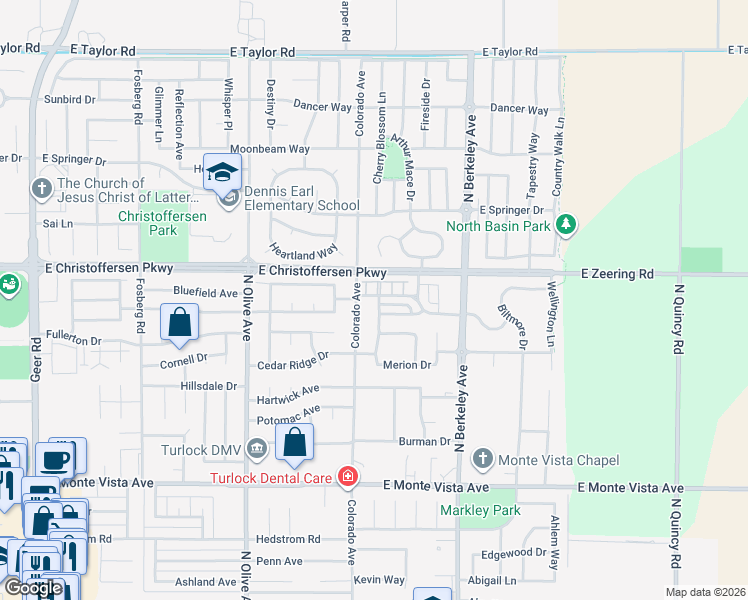 map of restaurants, bars, coffee shops, grocery stores, and more near 1280 Harvest Drive in Turlock