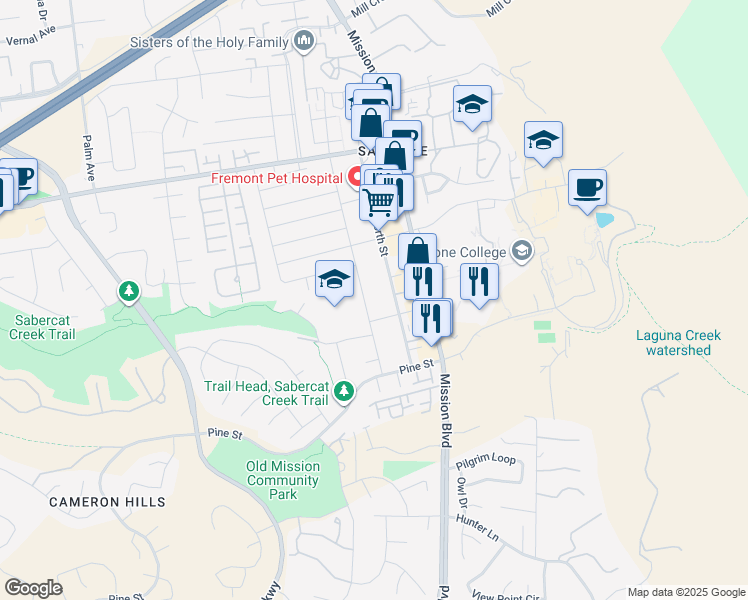 map of restaurants, bars, coffee shops, grocery stores, and more near 43572 Bryant Street in Fremont
