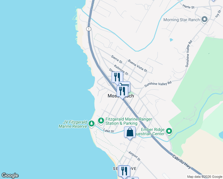 map of restaurants, bars, coffee shops, grocery stores, and more near 140 Wienke Way in Moss Beach