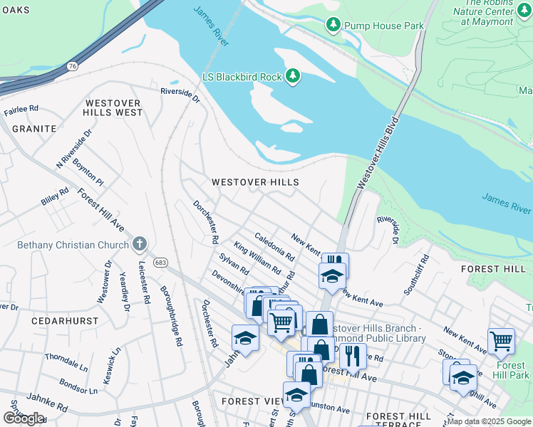 map of restaurants, bars, coffee shops, grocery stores, and more near 5209 New Kent Road in Richmond