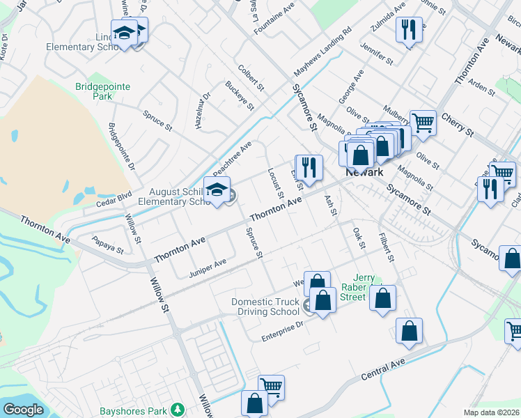map of restaurants, bars, coffee shops, grocery stores, and more near 36985 Walnut Street in Newark