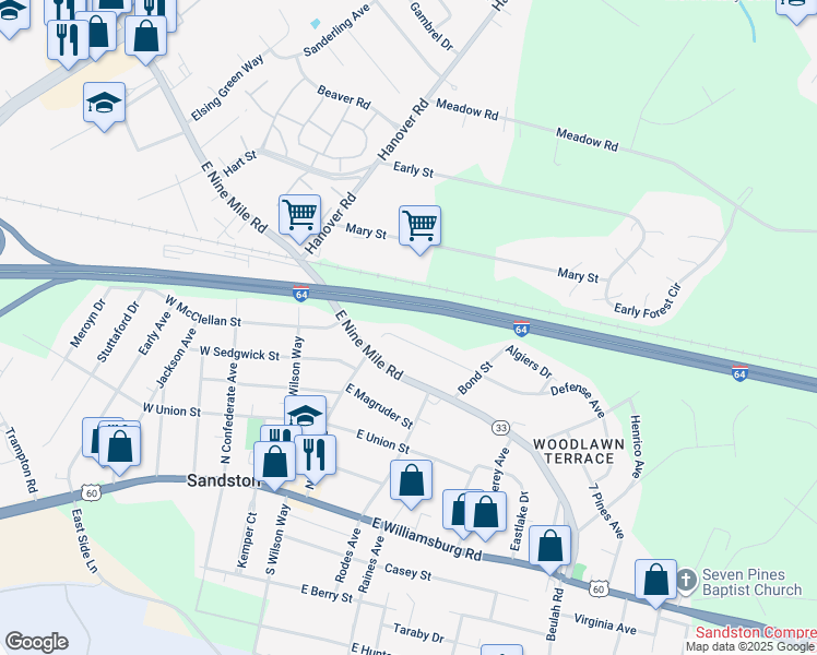 map of restaurants, bars, coffee shops, grocery stores, and more near 90 Defense Ave in Sandston