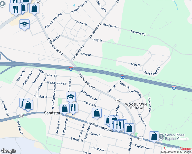 map of restaurants, bars, coffee shops, grocery stores, and more near 90 Defense Ave in Sandston