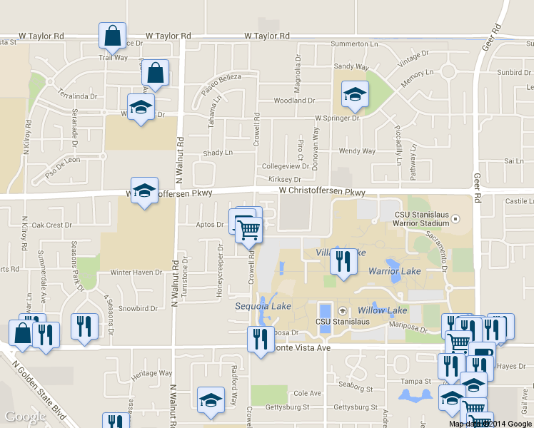 map of restaurants, bars, coffee shops, grocery stores, and more near 1000 West Zeering Road in Turlock