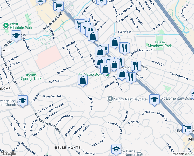 map of restaurants, bars, coffee shops, grocery stores, and more near 111 43rd Avenue in San Mateo