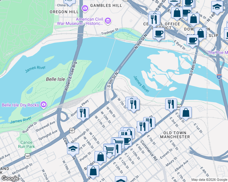 map of restaurants, bars, coffee shops, grocery stores, and more near 515 West 7th Street in Richmond