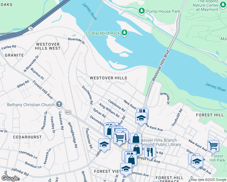 map of restaurants, bars, coffee shops, grocery stores, and more near 5209 New Kent Road in Richmond