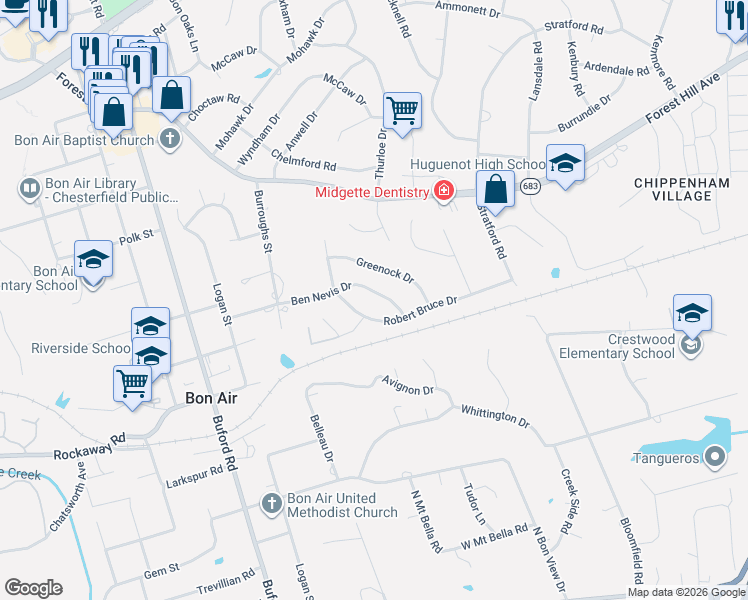 map of restaurants, bars, coffee shops, grocery stores, and more near 8319 Ben Nevis Drive in Richmond