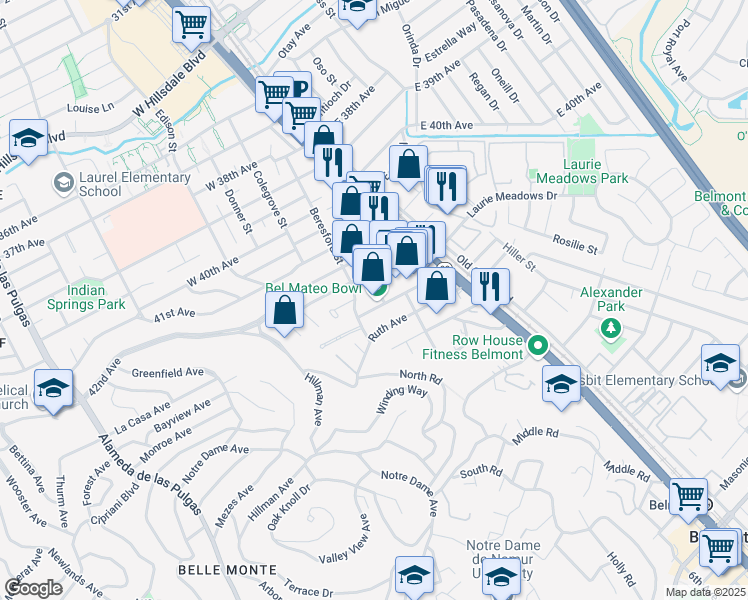 map of restaurants, bars, coffee shops, grocery stores, and more near 4330 Olympic Avenue in San Mateo