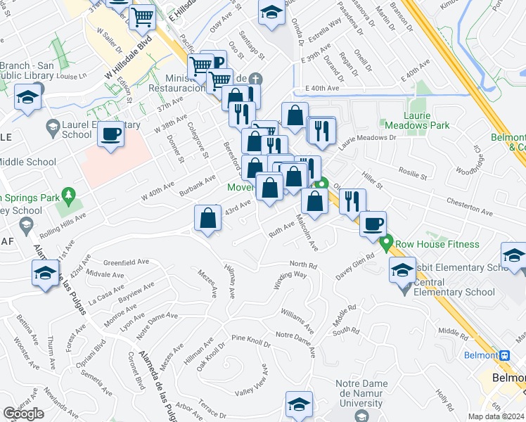 map of restaurants, bars, coffee shops, grocery stores, and more near 4333 Beresford Street in San Mateo