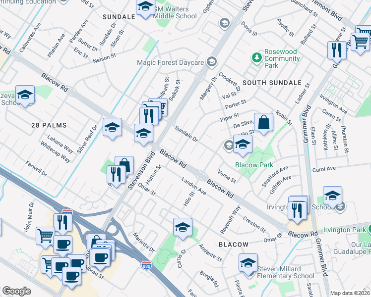 map of restaurants, bars, coffee shops, grocery stores, and more near 4847 Piper Street in Fremont