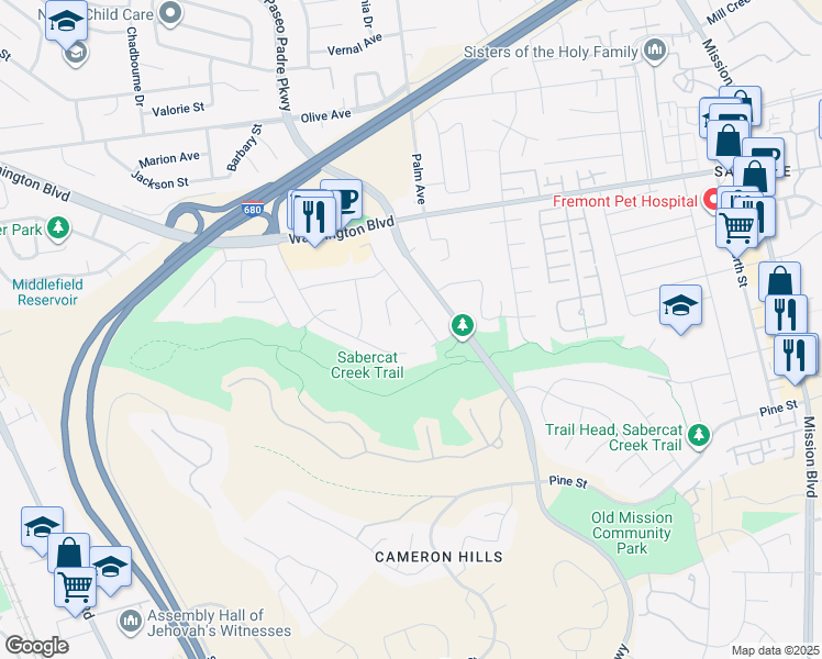 map of restaurants, bars, coffee shops, grocery stores, and more near 43295 Noria Court in Fremont