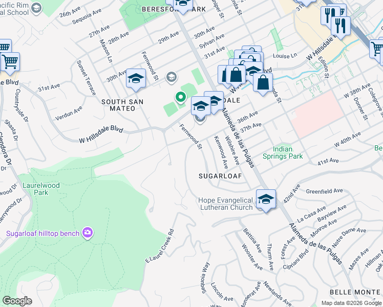 map of restaurants, bars, coffee shops, grocery stores, and more near 3611 Kingridge Drive in San Mateo