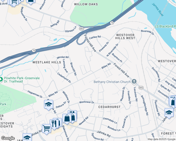 map of restaurants, bars, coffee shops, grocery stores, and more near 5801 Willow Oaks Drive in Richmond