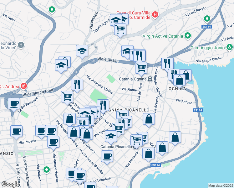 map of restaurants, bars, coffee shops, grocery stores, and more near 88 Via Giovanni Prati in Catania