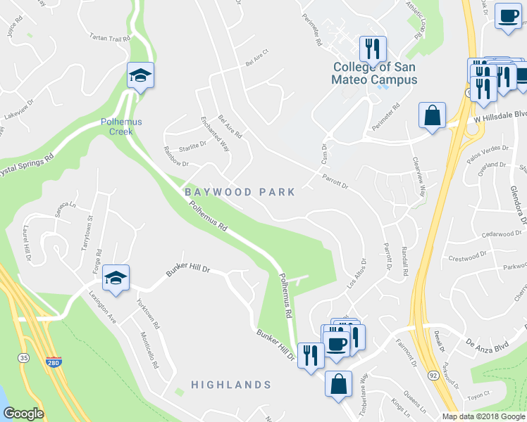 map of restaurants, bars, coffee shops, grocery stores, and more near 1548 Ascension Drive in San Mateo
