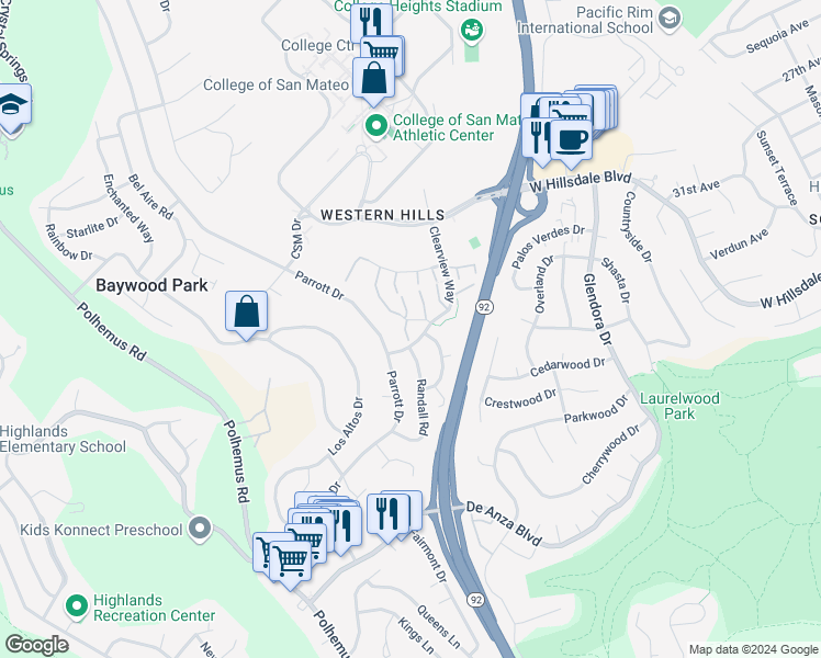 map of restaurants, bars, coffee shops, grocery stores, and more near 15 Havenridge Court in San Mateo