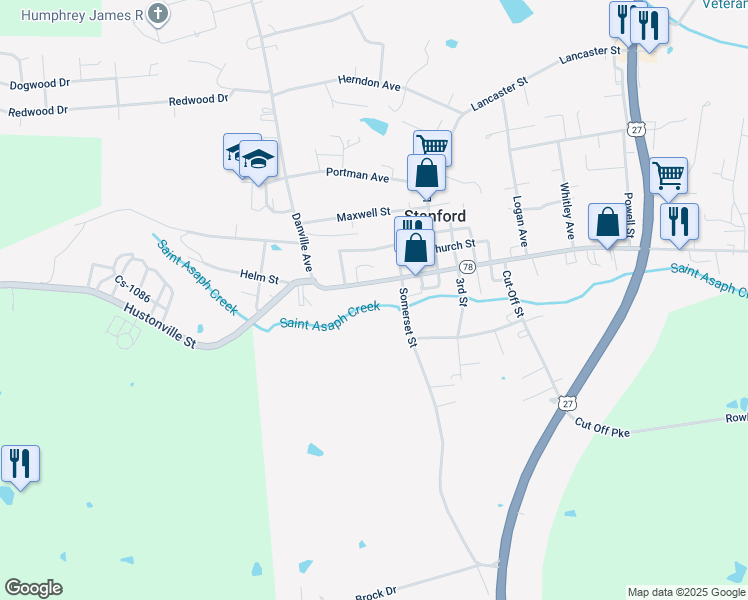 map of restaurants, bars, coffee shops, grocery stores, and more near 315 West Main Street in Stanford