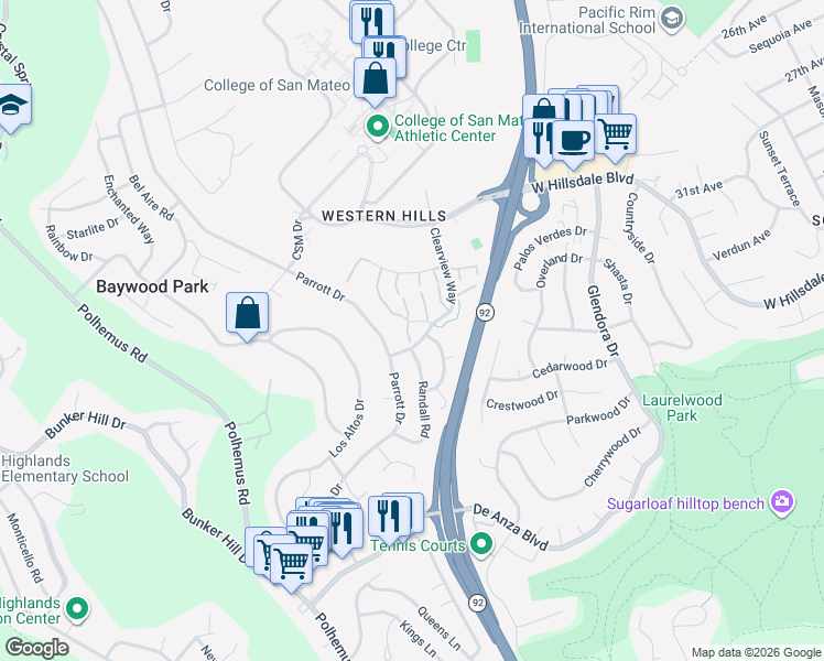 map of restaurants, bars, coffee shops, grocery stores, and more near 15 Havenridge Court in San Mateo