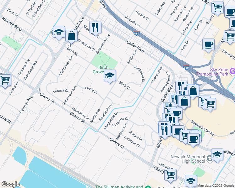 map of restaurants, bars, coffee shops, grocery stores, and more near 38382 Jacaranda Drive in Newark
