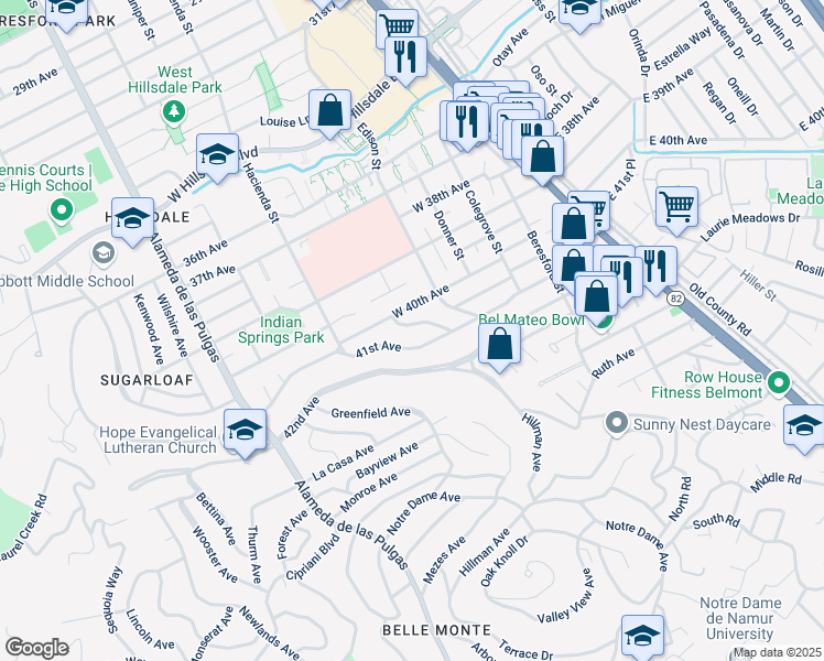 map of restaurants, bars, coffee shops, grocery stores, and more near 4018 Bayview Avenue in San Mateo