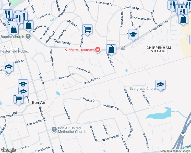 map of restaurants, bars, coffee shops, grocery stores, and more near 8204 Greenock Drive in Richmond