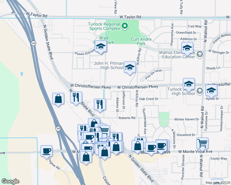 map of restaurants, bars, coffee shops, grocery stores, and more near 2810 Wright Street in Turlock