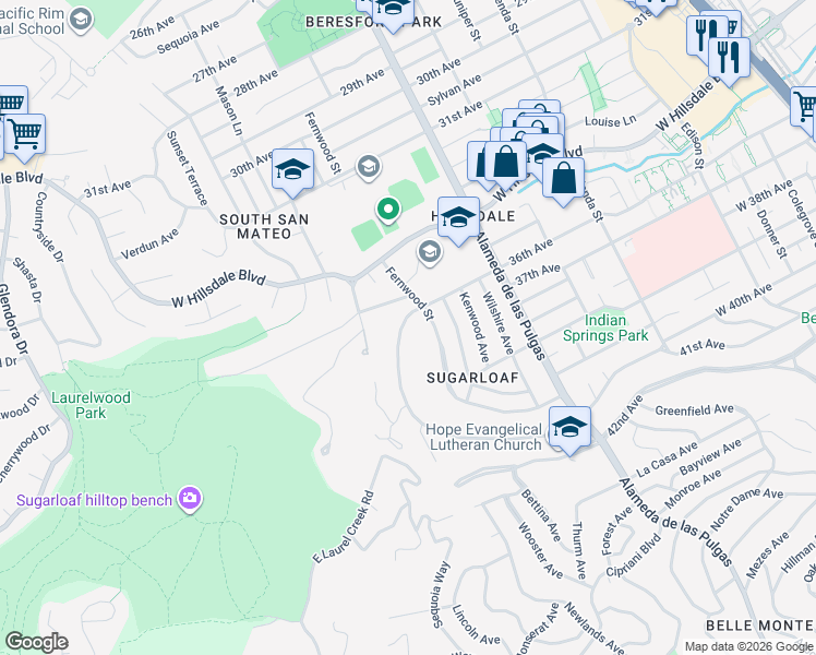 map of restaurants, bars, coffee shops, grocery stores, and more near 3611 Kingridge Drive in San Mateo