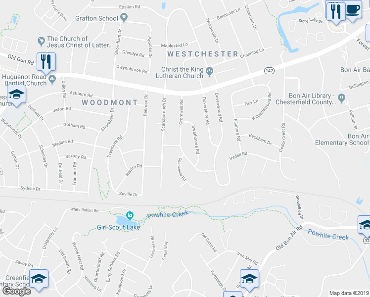 map of restaurants, bars, coffee shops, grocery stores, and more near 2501 Cromwell Road in Richmond