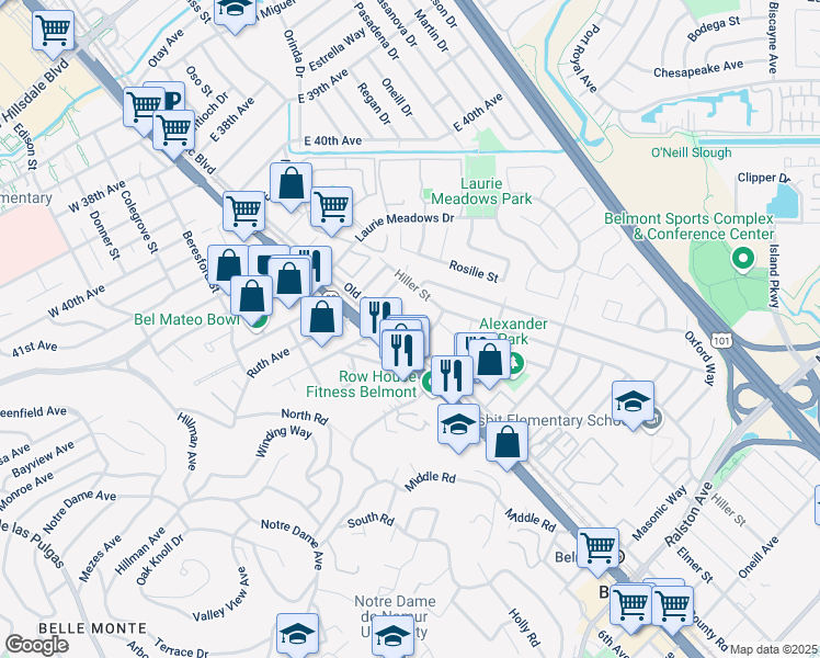 map of restaurants, bars, coffee shops, grocery stores, and more near 215 Old County Road in Belmont
