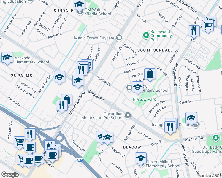 map of restaurants, bars, coffee shops, grocery stores, and more near 4840 Piper Street in Fremont