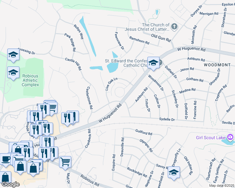 map of restaurants, bars, coffee shops, grocery stores, and more near 11143 Live Oak Cir in Midlothian