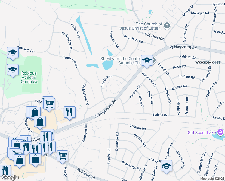 map of restaurants, bars, coffee shops, grocery stores, and more near 11143 Live Oak Cir in Midlothian