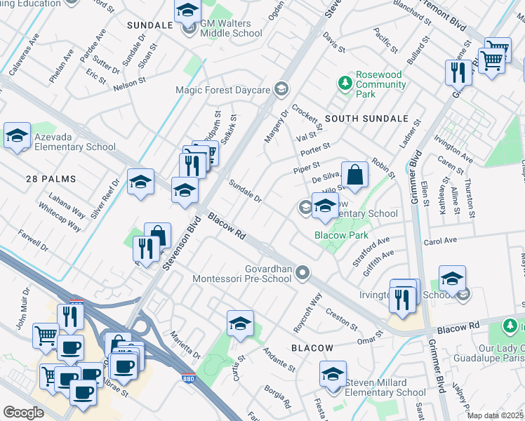 map of restaurants, bars, coffee shops, grocery stores, and more near 4840 Piper Street in Fremont