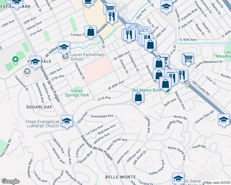 map of restaurants, bars, coffee shops, grocery stores, and more near 4018 Bayview Avenue in San Mateo