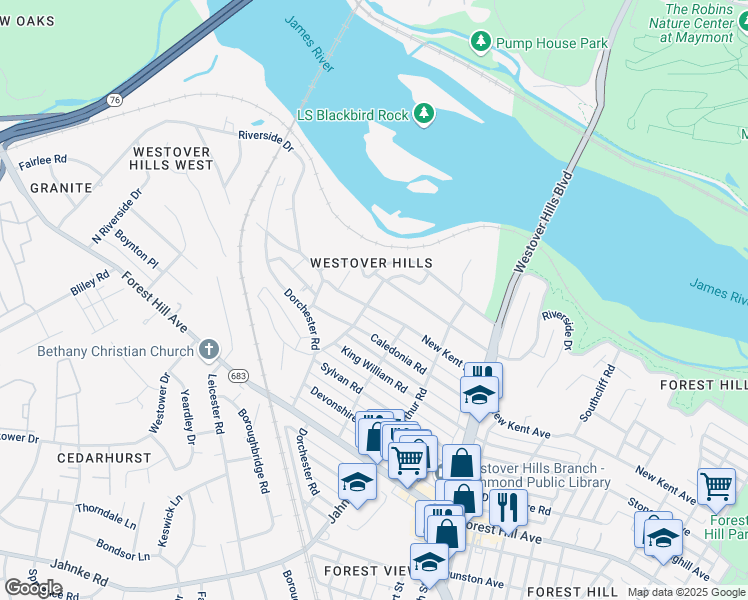 map of restaurants, bars, coffee shops, grocery stores, and more near 1903 Prince Edward Road in Richmond