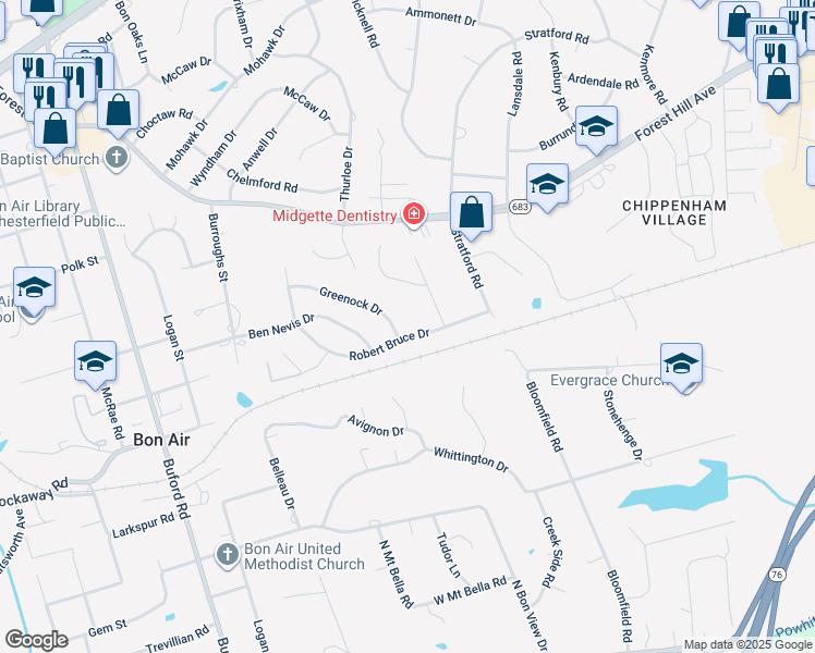 map of restaurants, bars, coffee shops, grocery stores, and more near 8204 Greenock Drive in Richmond