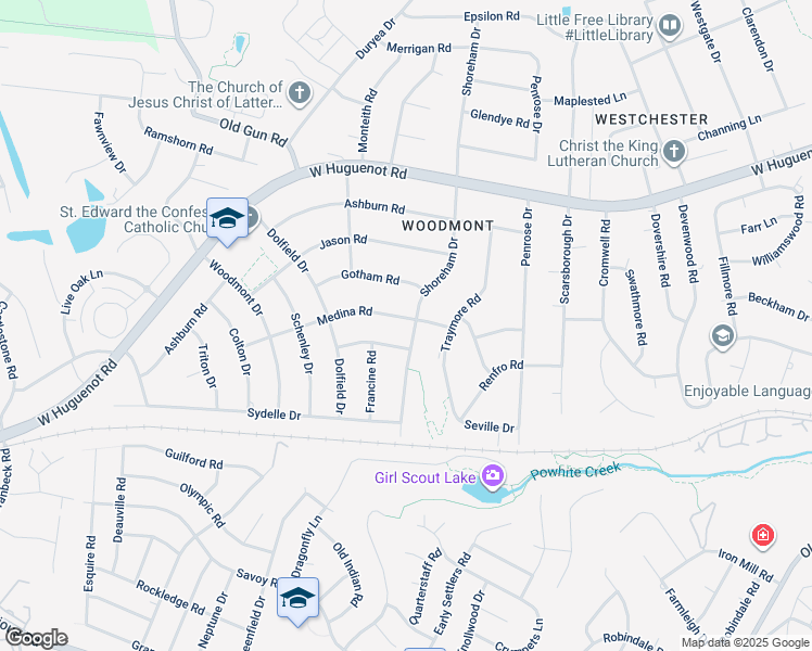 map of restaurants, bars, coffee shops, grocery stores, and more near 10401 Medina Road in Richmond