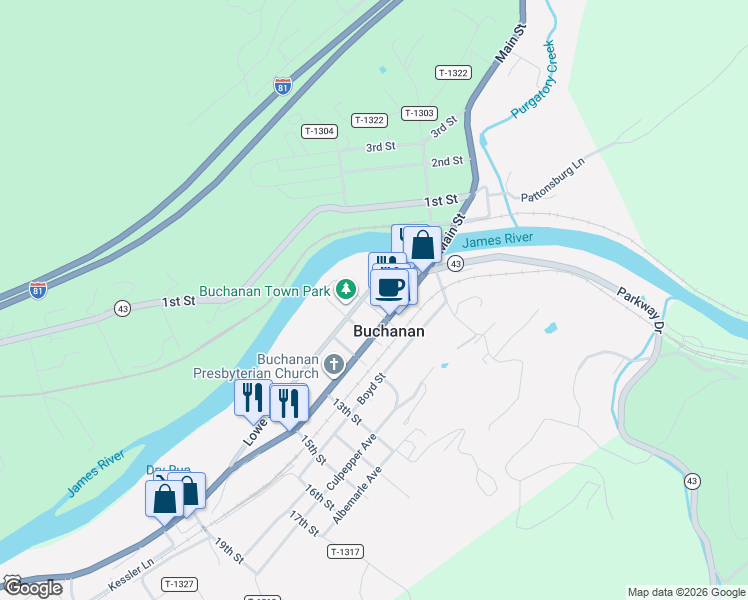 map of restaurants, bars, coffee shops, grocery stores, and more near 560 Lowe Street in Buchanan