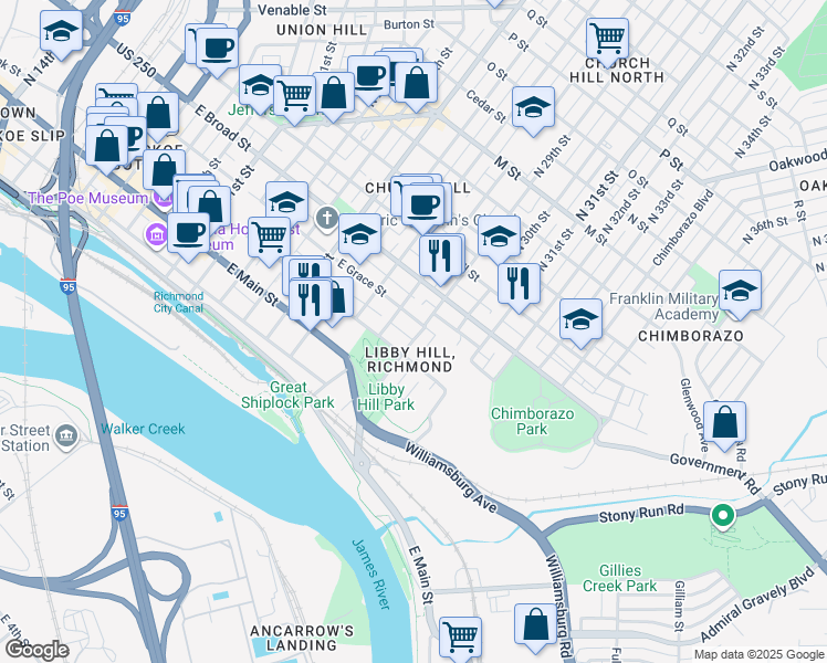 map of restaurants, bars, coffee shops, grocery stores, and more near 116 North 29th Street in Richmond
