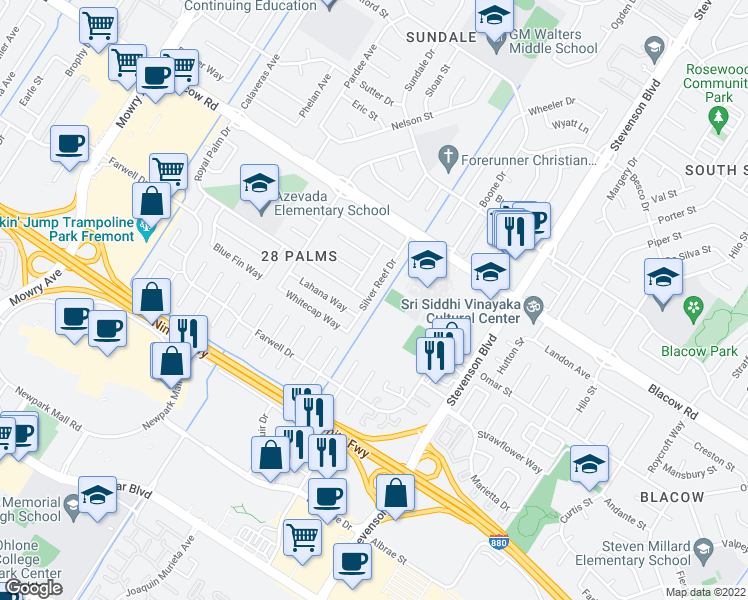 map of restaurants, bars, coffee shops, grocery stores, and more near 5192 Silver Reef Drive in Fremont
